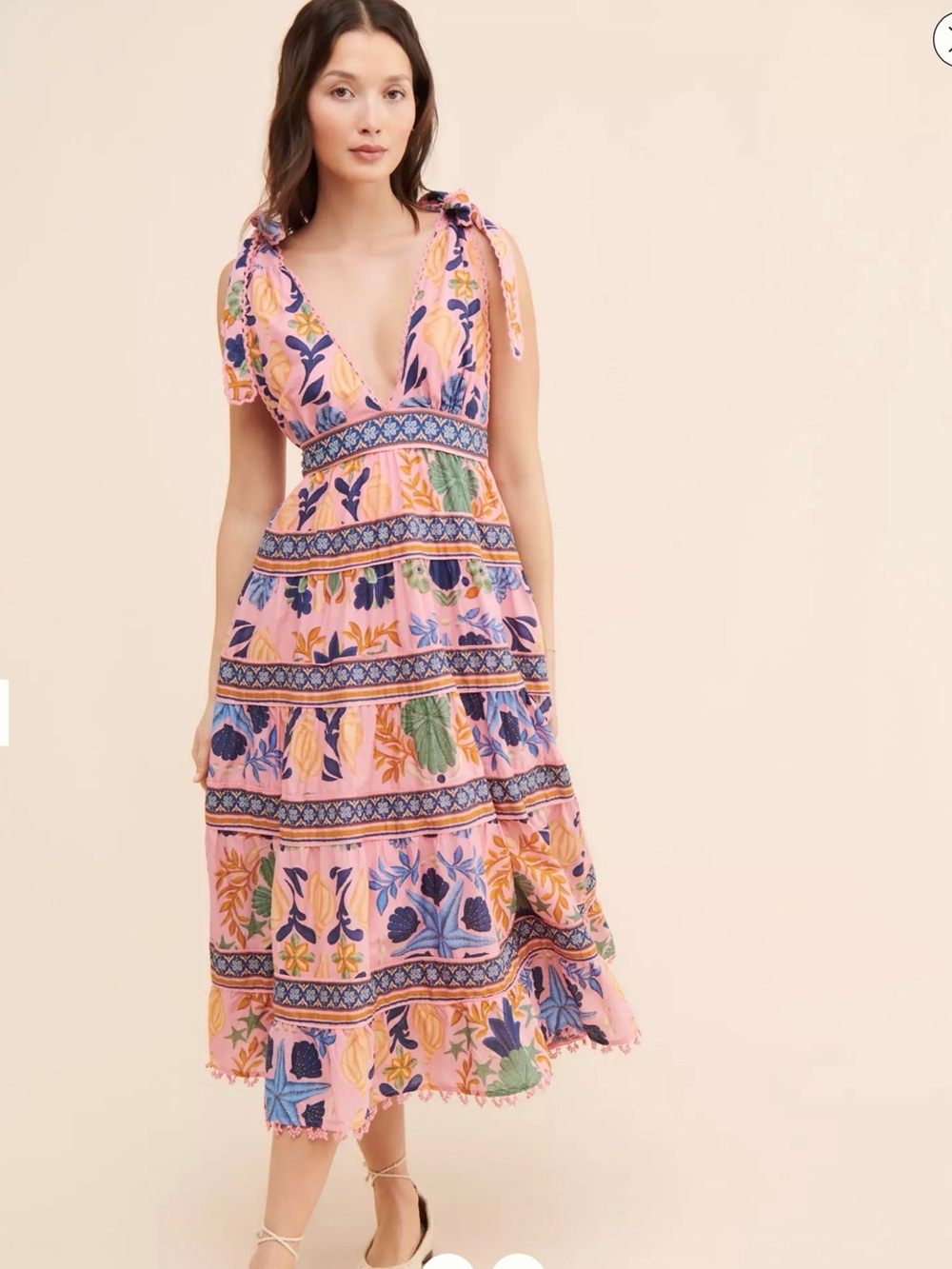 FARM Rio Pink Floral Tiered Midi Dress with Blue and Green Accents
